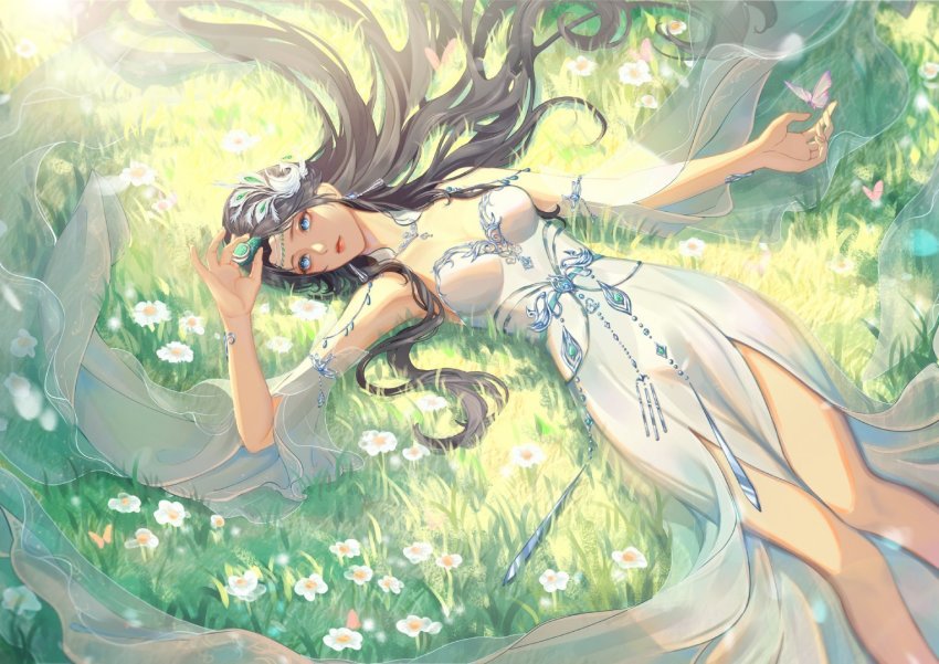 1girl, bare_legs, black_hair, doupo_cangqiong, dress, earrings, floating_earrings, grass