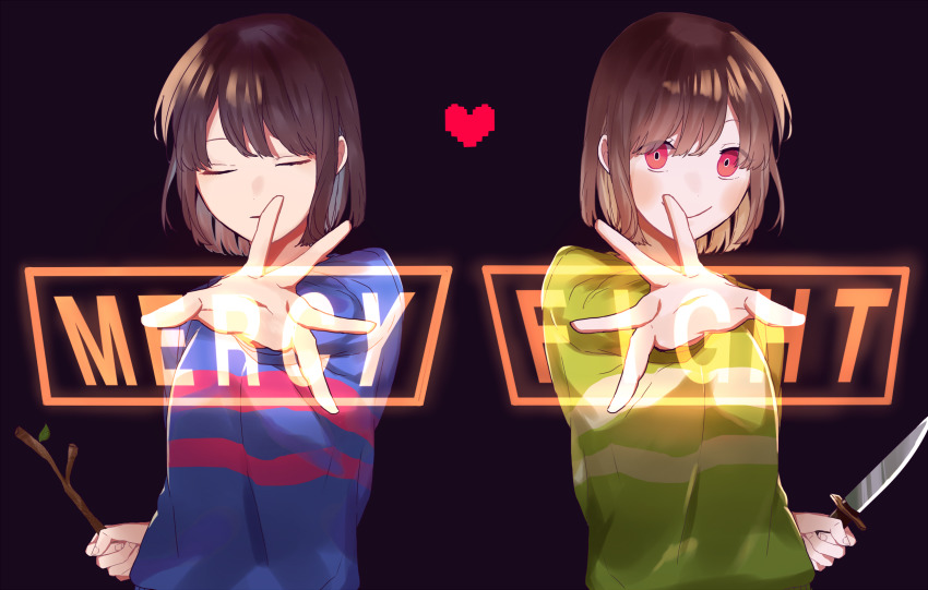 2others, akikuriii, androgynous, black_background, blue_shirt, blush, bob_cut, brown_hair, chara_(undertale), closed_eyes, closed_mouth, commentary_request, frisk_(undertale), green_shirt, heart, highres, holding, holding_knife, holding_stick, knife, looking_at_viewer, multiple_others, outstretched_arm, outstretched_hand, parted_lips, red_eyes, sanpaku, shirt, short_hair, simple_background, smile, stick, striped_clothes, striped_shirt, undertale, upper_body, utdr_(toby_fox), weapon