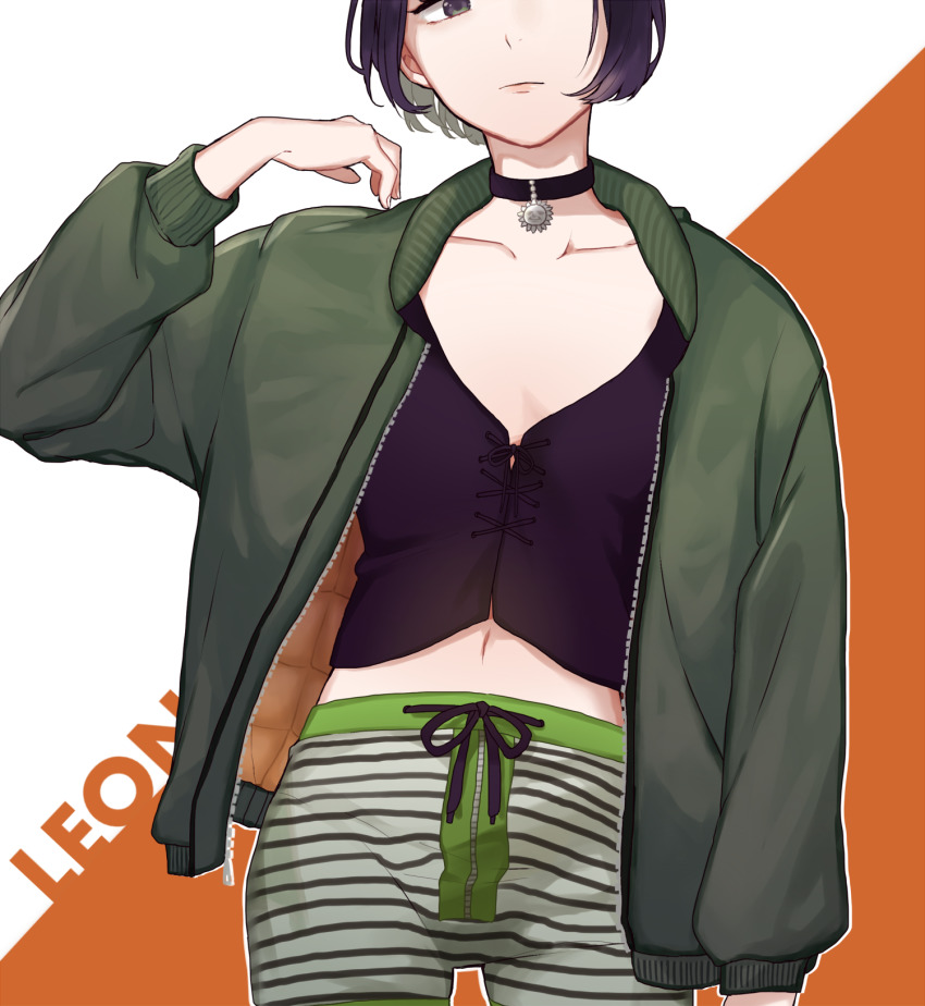 1girl, akikuriii, arm_at_side, bad_id, bad_pixiv_id, black_hair, black_shirt, bob_cut, closed_mouth, collarbone, copyright_name, cowboy_shot, drawstring, green_eyes, green_jacket, green_shorts, hand_up, highres, jacket, leon_the_professional, mathilda_lando, midriff, navel, open_mouth, orange_background, pendant_choker, shirt, short_hair, shorts, solo, striped_clothes, striped_shorts, thigh_gap, white_background
