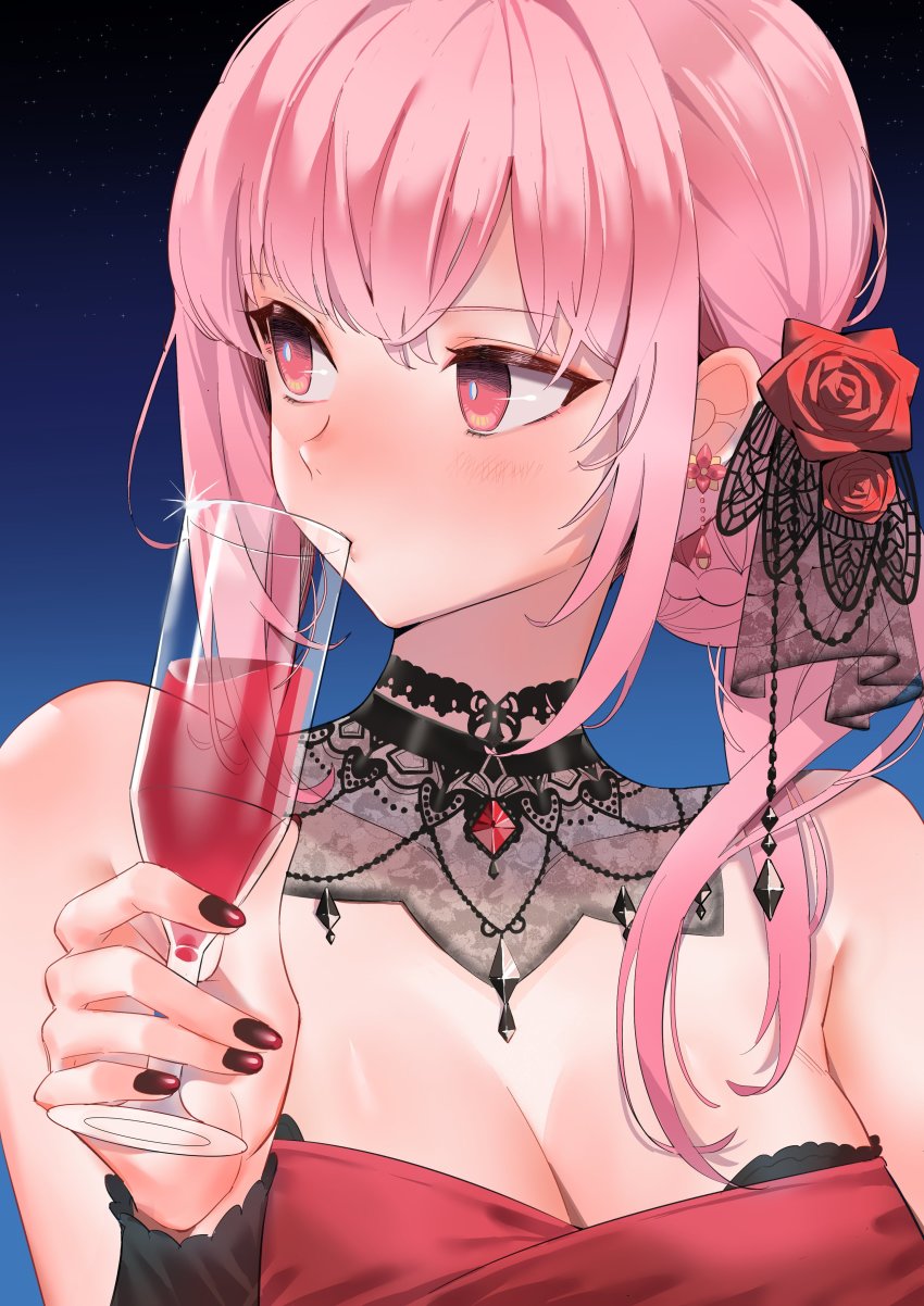 1girl, absurdres, blush, breasts, bygin, cleavage, cup, dress