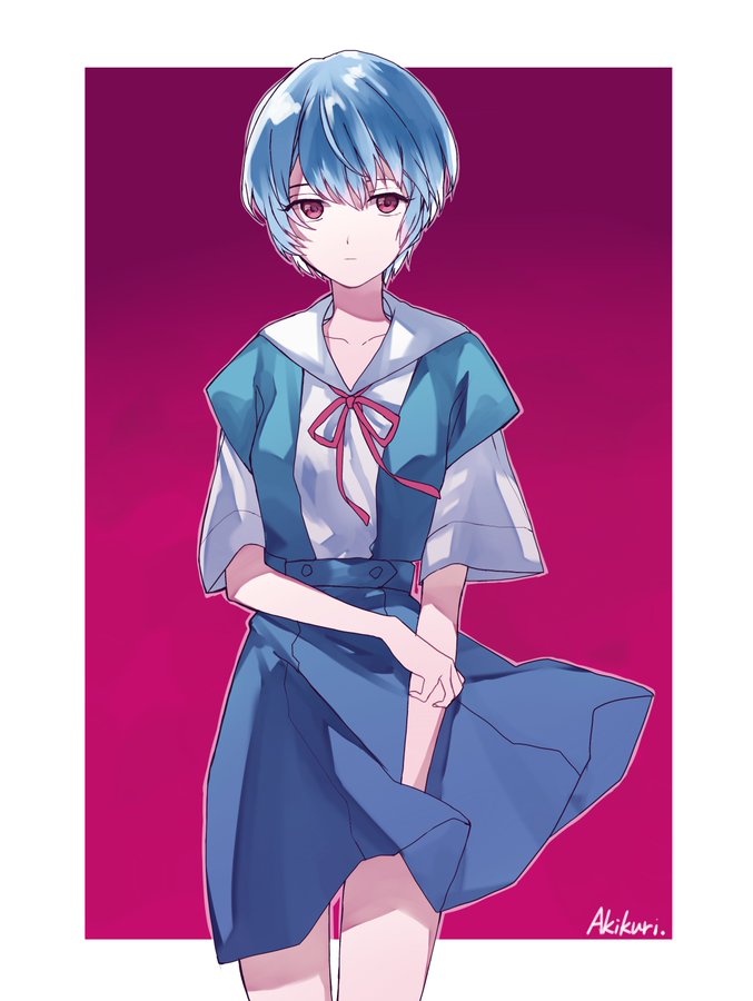 1girl, akikuriii, artist_name, ayanami_rei, bad_id, bad_pixiv_id, blouse, blue_hair