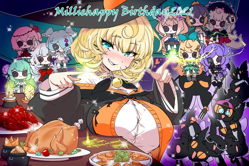 1girl, abalone, alternate_breast_size, aqua_eyes, bell, black_bow, black_bowtie, black_headwear, black_jacket, blonde_hair, blouse, blue_background, blush, bow, bowtie, breasts, button_eyes, button_gap, buttons, candle, cardigan, character_doll, chicken_(food), doll, elira_pendora, enna_alouette, finana_ryugu, fins, fish_girl, food, grin, hair_ornament, hairclip, happy_birthday, hat, head_fins, heart, highres, jacket, large_breasts, large_hat, lobster, maxeggq, millie_parfait, nail_polish, neck_bell, nijisanji, nijisanji_en, nina_kosaka, orange_cardigan, petra_gurin, plate, pomu_rainpuff, reimu_endou, rosemi_lovelock, rosemi_lovelock_(1st_costume), selen_tatsuki, shirt, short_hair, smile, sparkle, upper_body, virtual_youtuber, white_shirt, witch_hat, writing