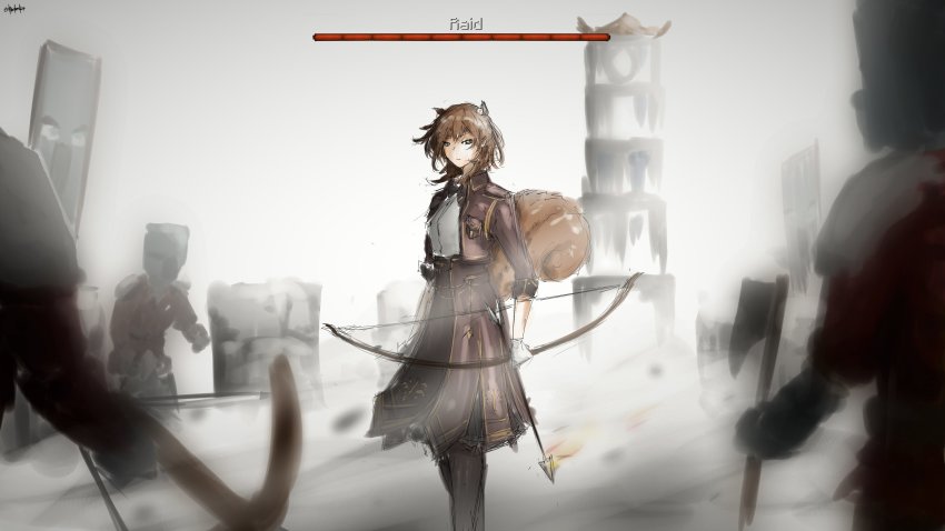 1girl, absurdres, animal_ears, axe, ayunda_risu, banner, bow_(weapon), brown_hair