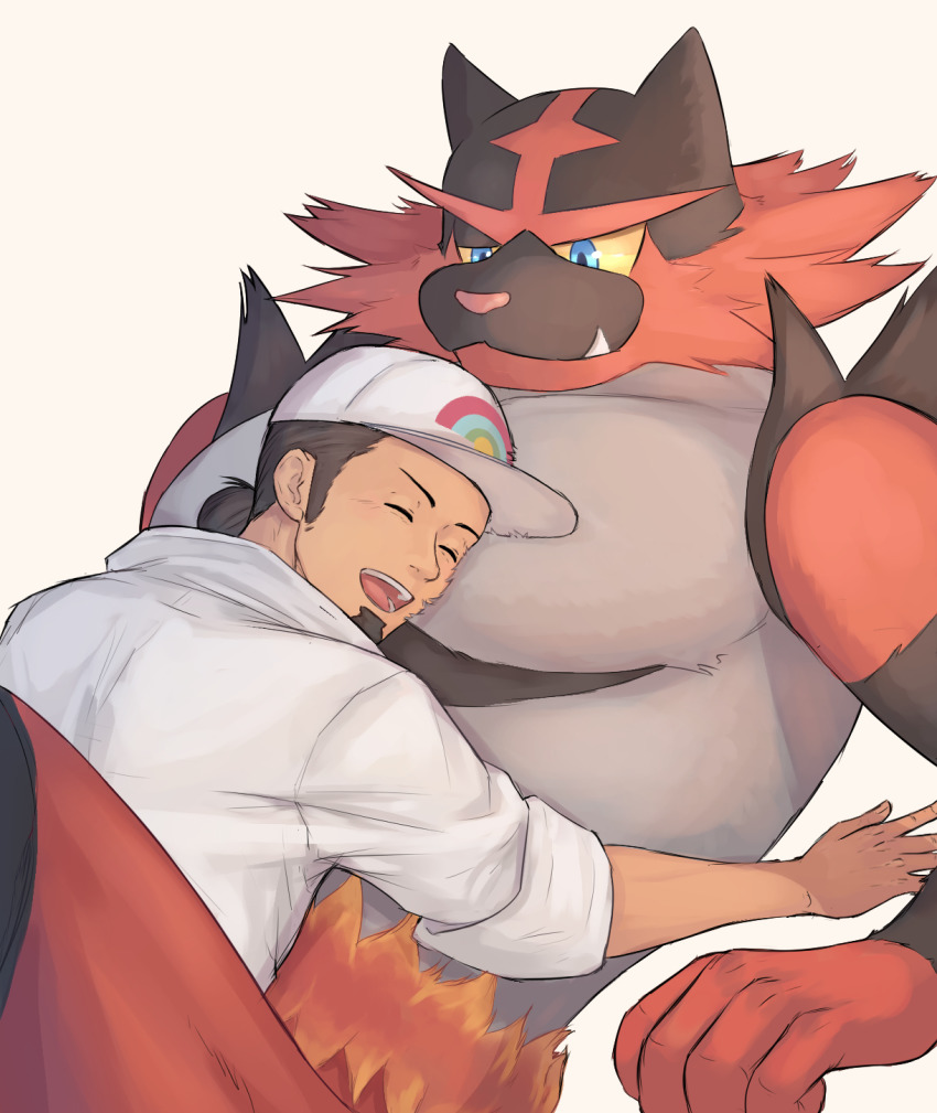 1boy, :d, baseball_cap, blue_eyes, brown_hair, closed_eyes, colored_sclera, commentary_request, facial_hair, fang, fang_out, furry, furry_male, gen_7_pokemon, goatee, hair_bun, happy, hat, hierotubas, highres, hug, incineroar, professor_kukui, lab_coat, male_focus, nintendo, open_mouth, pokemon, pokemon_(creature), pokemon_sun_and_moon, short_hair, single_hair_bun, sleeves_rolled_up, smile, teeth, tongue, white_headwear, yellow_sclera
