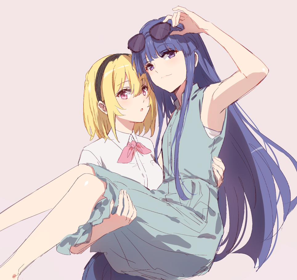 2girls, :o, adjusting_eyewear, aged_up, black_hairband, blonde_hair, blue_hair, blue_skirt