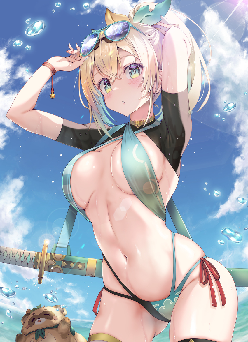 1girl, adjusting_eyewear, alternate_breast_size, arms_up, bikini, blonde_hair, blue_bikini, blue_eyes, blue_sky, blush, breasts, cloud, commentary_request, cowboy_shot, day, eyewear_on_head, hair_between_eyes, highres, hololive, kazama_iroha, kubota_masaki, large_breasts, looking_at_viewer, multi-strapped_bikini, navel, outdoors, parted_lips, pokobee, ponytail, sheath, sheathed, short_sleeves, shrug_(clothing), side-tie_bikini_bottom, sky, sling_bikini_top, solo, standing, stomach, sunglasses, swimsuit, virtual_youtuber, wet