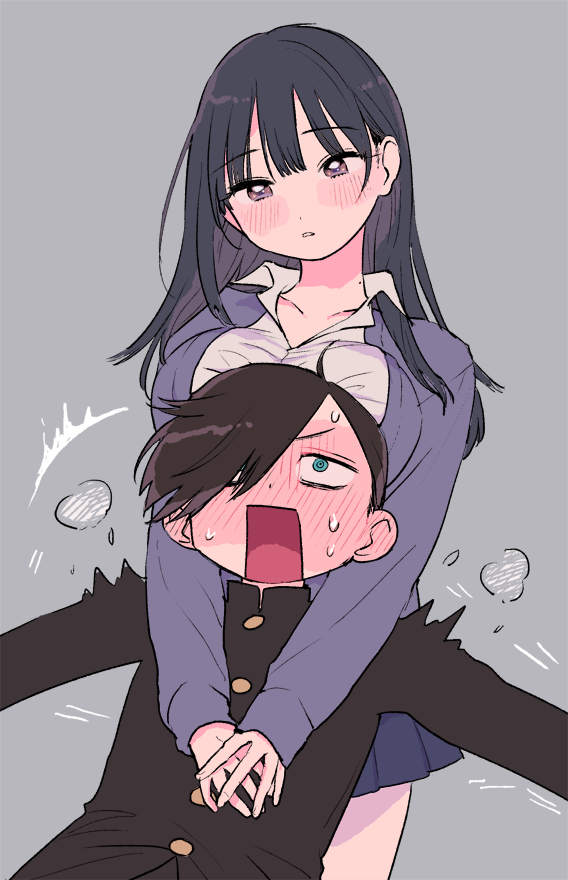 1boy, 1girl, asymmetrical_bangs, black_hair, blunt_bangs, blush, boku_no_kokoro_no_yabai_yatsu, breast_press, breast_rest, breasts, breasts_on_head, discowars, full-face_blush, gakuran, grey_background, hug, hug_from_behind, ichikawa_kyoutarou, looking_at_another, motion_lines, open_collar, pleated_skirt, ringed_eyes, school_uniform, simple_background, skirt, surprised, sweatdrop, trembling, yamada_anna
