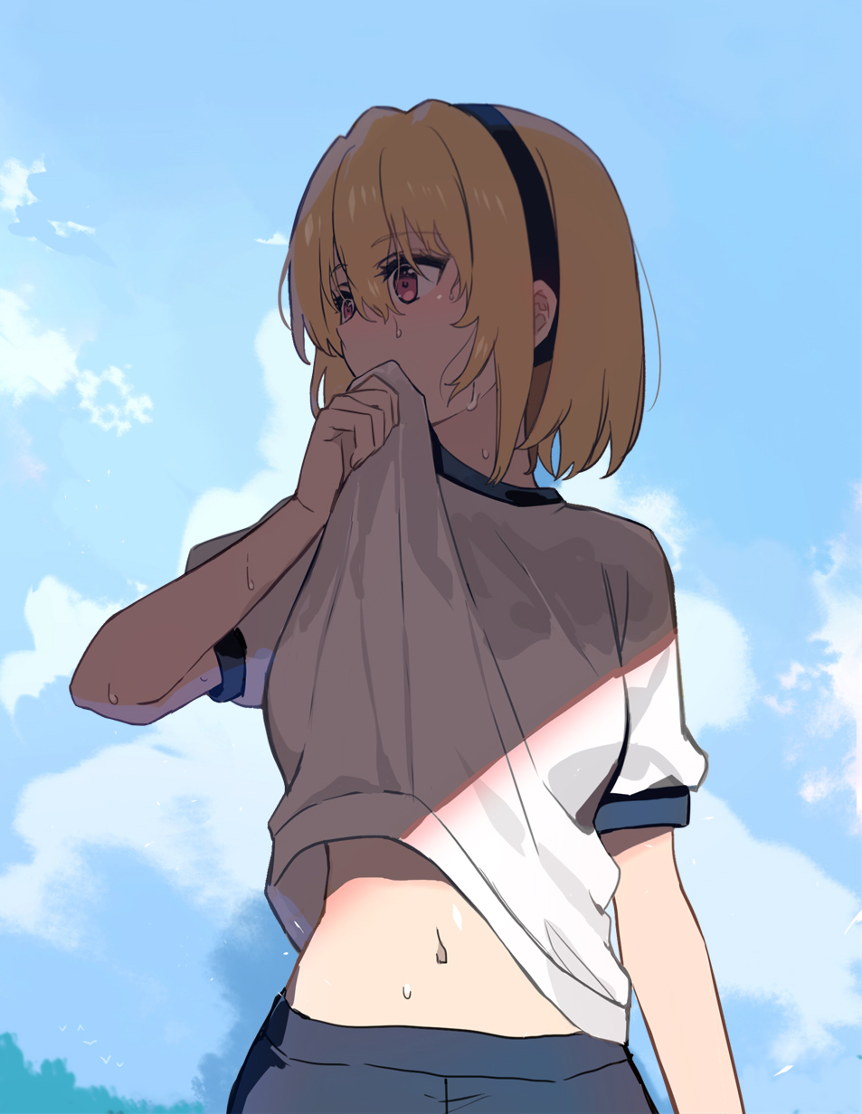 1girl, black_hairband, blonde_hair, blue_sky, clothes_lift, commentary, day, gym_shirt