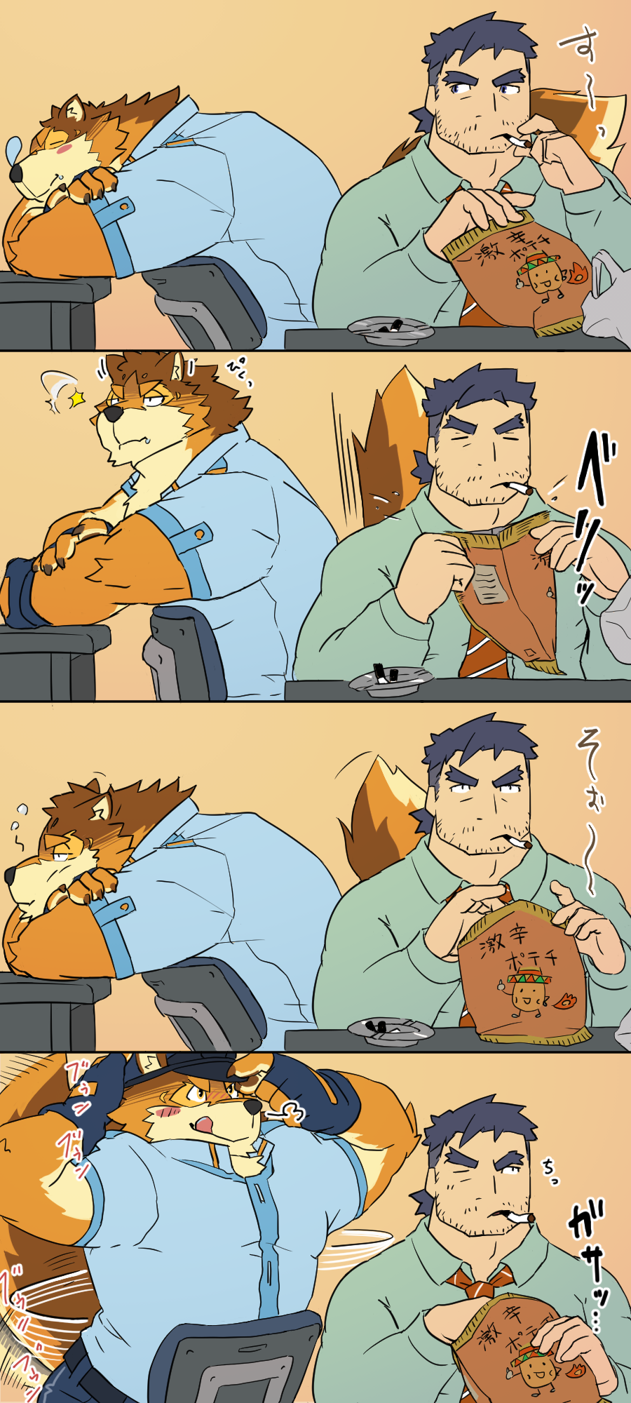 2boys, :q, animal_ears, bara, barrel_(live_a_hero), beige_fur, blue_eyes, blue_hair