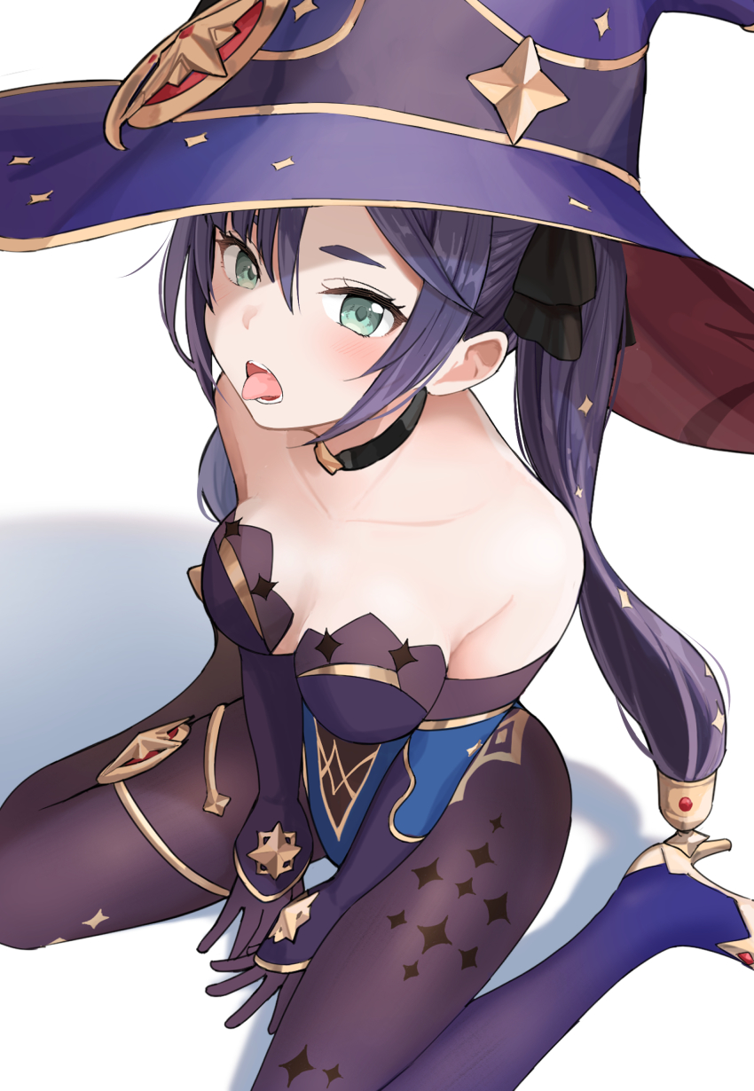 1girl, aqua_eyes, asymmetrical_bangs, bare_shoulders, black_choker, black_ribbon, blue_leotard, blush, breasts, choker, cleavage, collarbone, elbow_gloves, from_above, genshin_impact, gloves, hair_between_eyes, hair_ribbon, hat, highres, leotard, long_hair, looking_at_viewer, looking_up, mameroku, medium_breasts, mona_(genshin_impact), open_mouth, pantyhose, purple_hair, purple_hat, ribbon, shadow, simple_background, sitting, solo, strapless, strapless_leotard, teeth, tongue, tongue_out, twintails, v_arms, wariza, white_background, witch, witch_hat