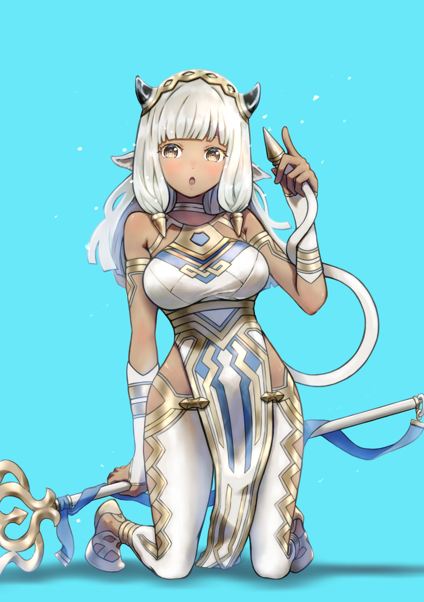 1girl, :o, absurdres, animal_ears, ash_(fire_emblem), bare_shoulders, black_horns, blue_background, blunt_bangs, blush, breasts, brown_eyes, commentary, cow_ears, cow_girl, cow_horns, cow_tail, dark-skinned_female, dark_skin, dress, elbow_gloves, fingerless_gloves, fire_emblem, fire_emblem_heroes, gloves, gold_trim, highres, holding, holding_staff, holding_tail, holding_weapon, horns, howaito_gyuunyuu, index_finger_raised, kneeling, large_breasts, lips, long_hair, looking_at_viewer, nintendo, pants, pelvic_curtain, pink_lips, shadow, simple_background, sleeveless, sleeveless_dress, solo, staff, tail, tight_clothes, tight_pants, weapon, white_dress, white_gloves, white_hair, white_pants