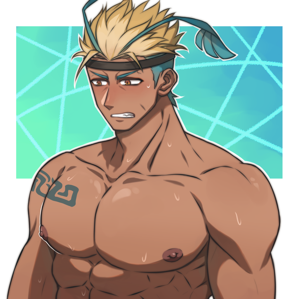 1boy, abs, antenna_hair, bara, barak_(world_flipper), bare_shoulders, black_headband, blonde_hair
