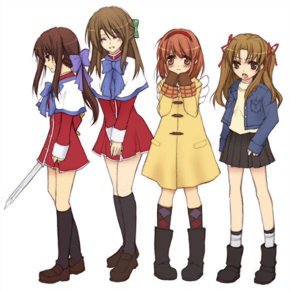 4girls, argyle_clothes, argyle_legwear, argyle_socks, asahina_mitsuru, boots, company_connection, computer_club_president_(female)_(suzumiya_haruhi)