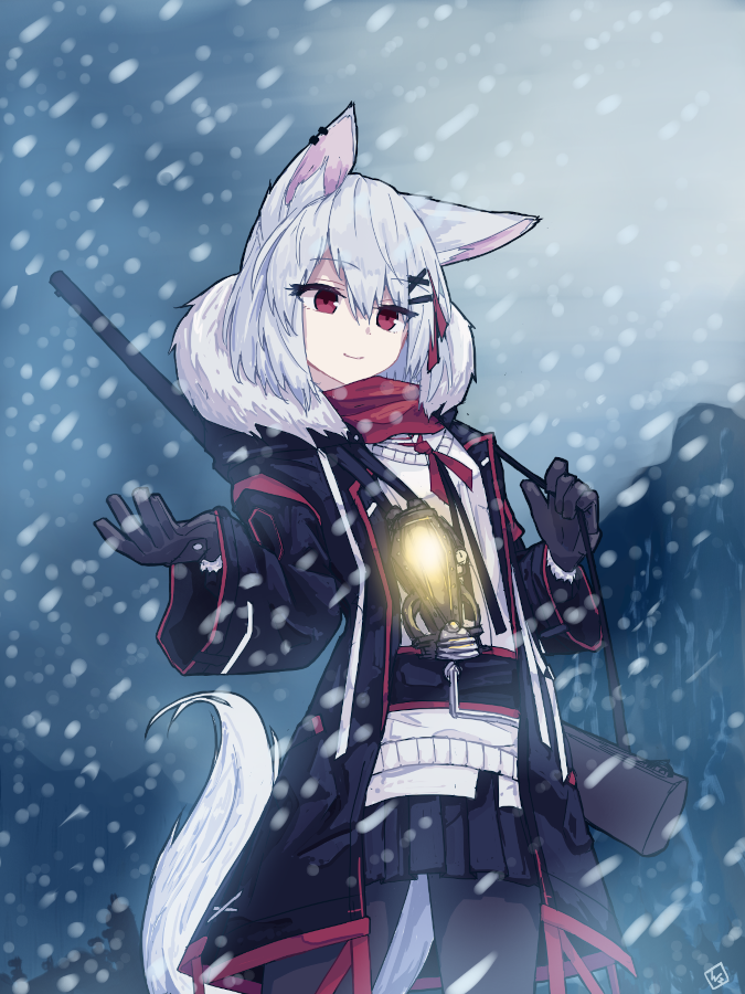 1girl, animal_ears, bag, black_gloves, black_jacket, black_pantyhose, black_skirt, commentary