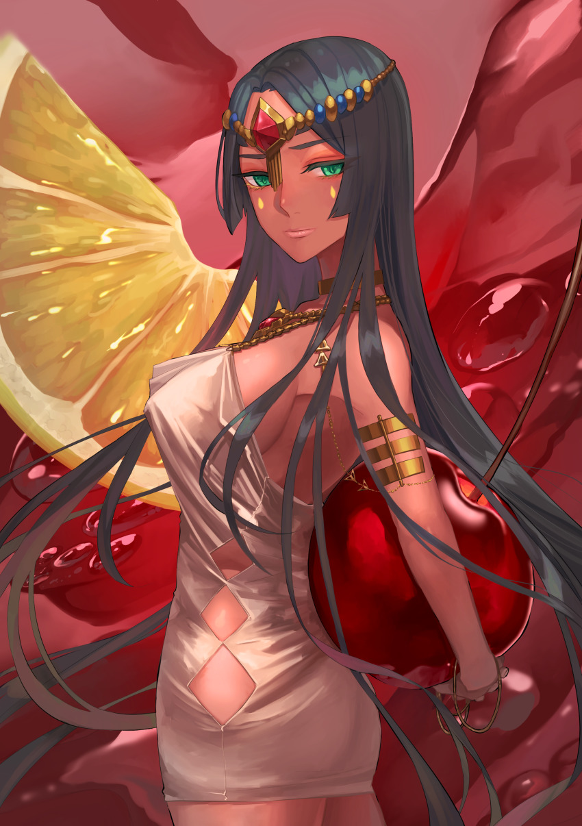 1girl, absurdres, armlet, ass, bare_shoulders, black_hair, breasts, cherry