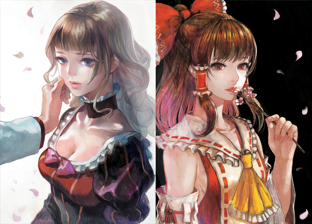 00s, 2girls, beatrice_(umineko), blonde_hair, blue_eyes, bow, breasts, brown_hair, choker, cleavage, detached_sleeves, dress, female_focus, flower, hair_bow, hakurei_reimu, japanese_clothes, large_breasts, lips, medium_breasts, miko, multiple_girls, nose, pink_bow, realistic, red_eyes, sleeveless, touhou, umineko_no_naku_koro_ni, ushiromiya_battler, yuyayuyo