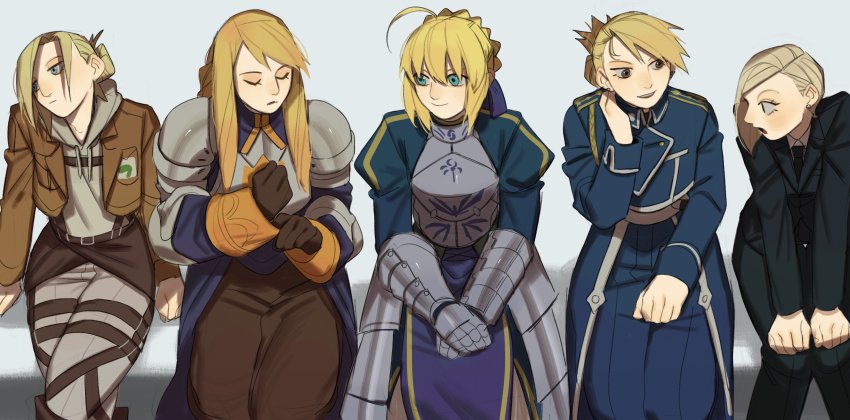 5girls, absurdres, adjusting_clothes, agrias_oaks, ahoge, annie_leonhart, aqua_eyes, armor, artoria_pendragon_(fate), black_necktie, blonde_hair, blue_eyes, braid, braided_bun, breastplate, brown_eyes, brown_gloves, closed_eyes, closed_mouth, crossover, earrings, elena_(ff7), eyelashes, fate_(series), final_fantasy, final_fantasy_tactics, final_fantasy_vii, fingernails, formal_clothes, fullmetal_alchemist, gauntlets, gloves, grey_background, hair_bun, half-closed_eyes, highres, hood, hood_down, jewelry, knbn_0728, long_eyelashes, long_hair, looking_at_another, medium_hair, multiple_crossover, multiple_girls, necktie, open_mouth, parted_lips, pauldrons, riza_hawkeye, saber_(fate), shingeki_no_kyojin, short_hair, shoulder_armor, simple_background, sitting, smile, suit, surprised, teeth, tongue, trait_connection, uniform, upper_teeth_only, vambraces, wide-eyed
