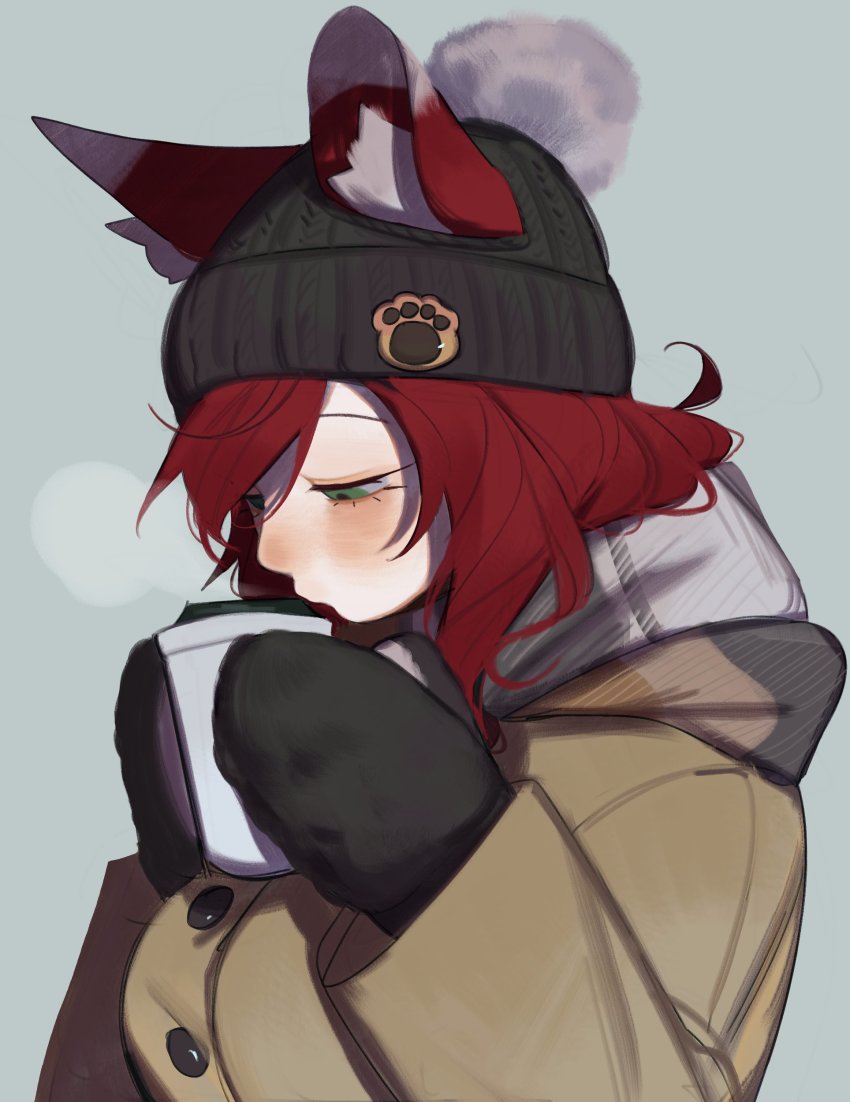 1girl, absurdres, animal_ear_fluff, animal_ears, beanie, beige_coat, black_gloves, black_hat