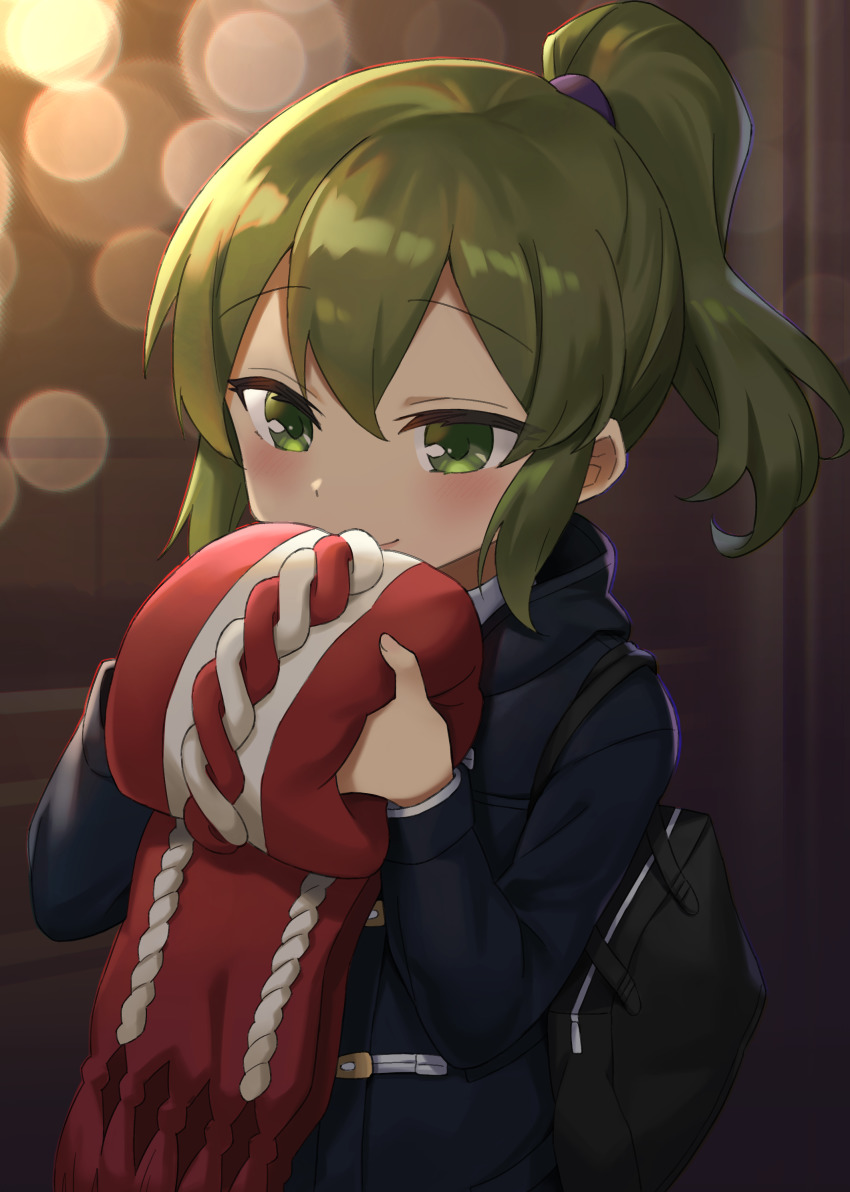 1girl, absurdres, bag, black_coat, closed_mouth, coat, commentary_request, fringe_trim