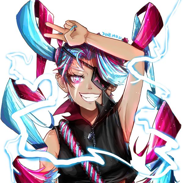 1girl, artist_request, cookie_run, eyepatch, humanization, multicolored_hair, nail_polish, personification, scar, scar_across_eye, scar_on_face, solo, source_request, twintails, twizzly_gummy_cookie