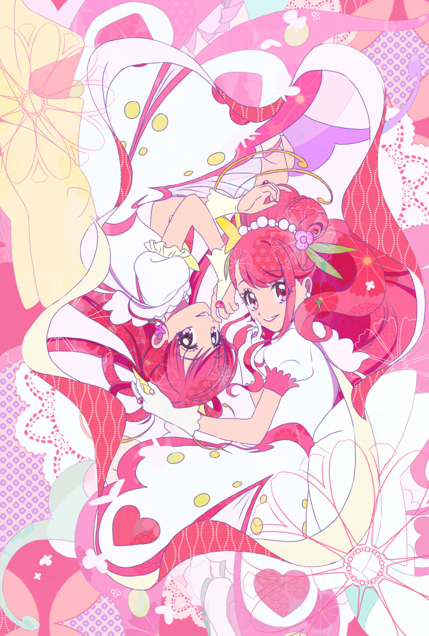 2girls, abstract_background, back_bow, bow, cure_dream, cure_grace, dream_cure_grace, dress