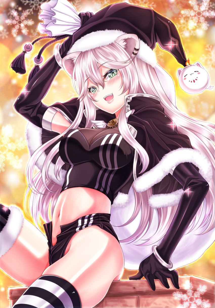 1girl, absurdres, ahoge, animal_ears, black_capelet, black_gloves, blush, breasts