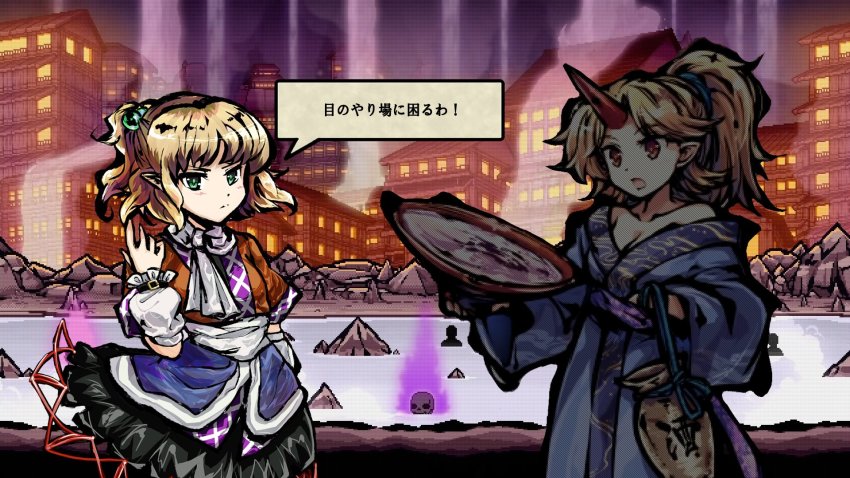 2girls, arm_warmers, black_shirt, black_skirt, blonde_hair, blue_kimono, breasts, brown_jacket