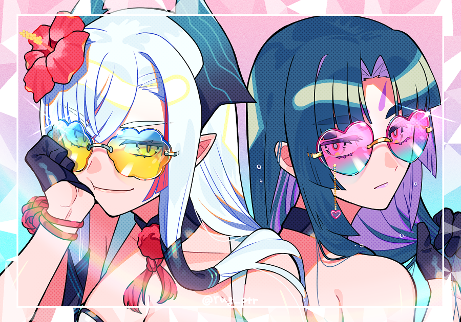 2girls, alternate_costume, black_hair, choker, fate/grand_order, fate_(series), flower, hair_flower, hair_ornament, holding, holding_own_hair, kiichi_hogen_(fate), kiichi_hogen_(pinky_beach)_(fate), long_hair, multiple_girls, purple_eyes, puteru, screentones, sunglasses, taira_no_kagekiyo_(fate), taira_no_kagekiyo_(pinky_beach)_(fate), tattoo, ushiwakamaru_(fate), white_hair, yellow_eyes