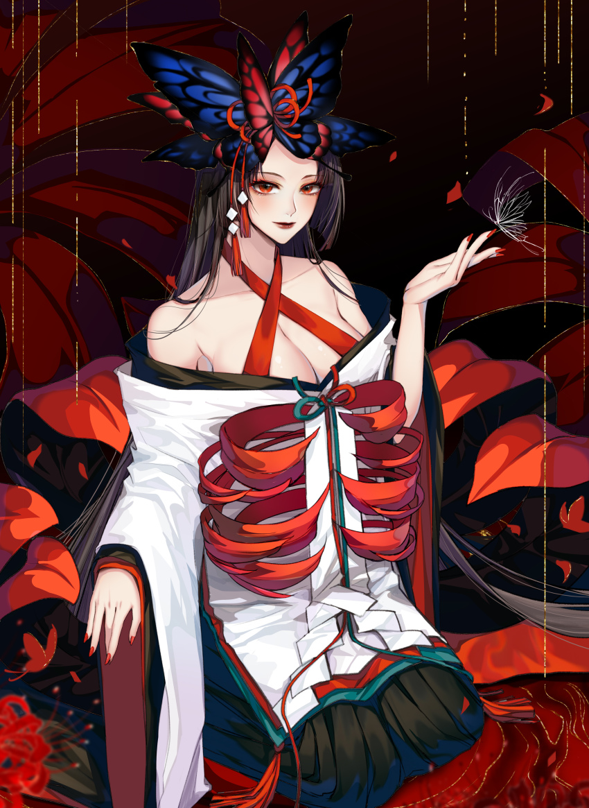 1girl, absurdres, black_hair, breasts, bug, butterfly, butterfly_hair_ornament, cleavage, eyeshadow, flower, from_above, from_side, hair_ornament, halterneck, higanbana_(onmyoji), highres, insect, large_breasts, lipstick, long_hair, looking_at_viewer, makeup, nail_polish, onmyoji, outstretched_hand, red_eyes, red_flower, red_lips, red_nails, red_theme, rhode, seiza, sitting, smile, solo, spider_lily, very_long_hair, wide_sleeves