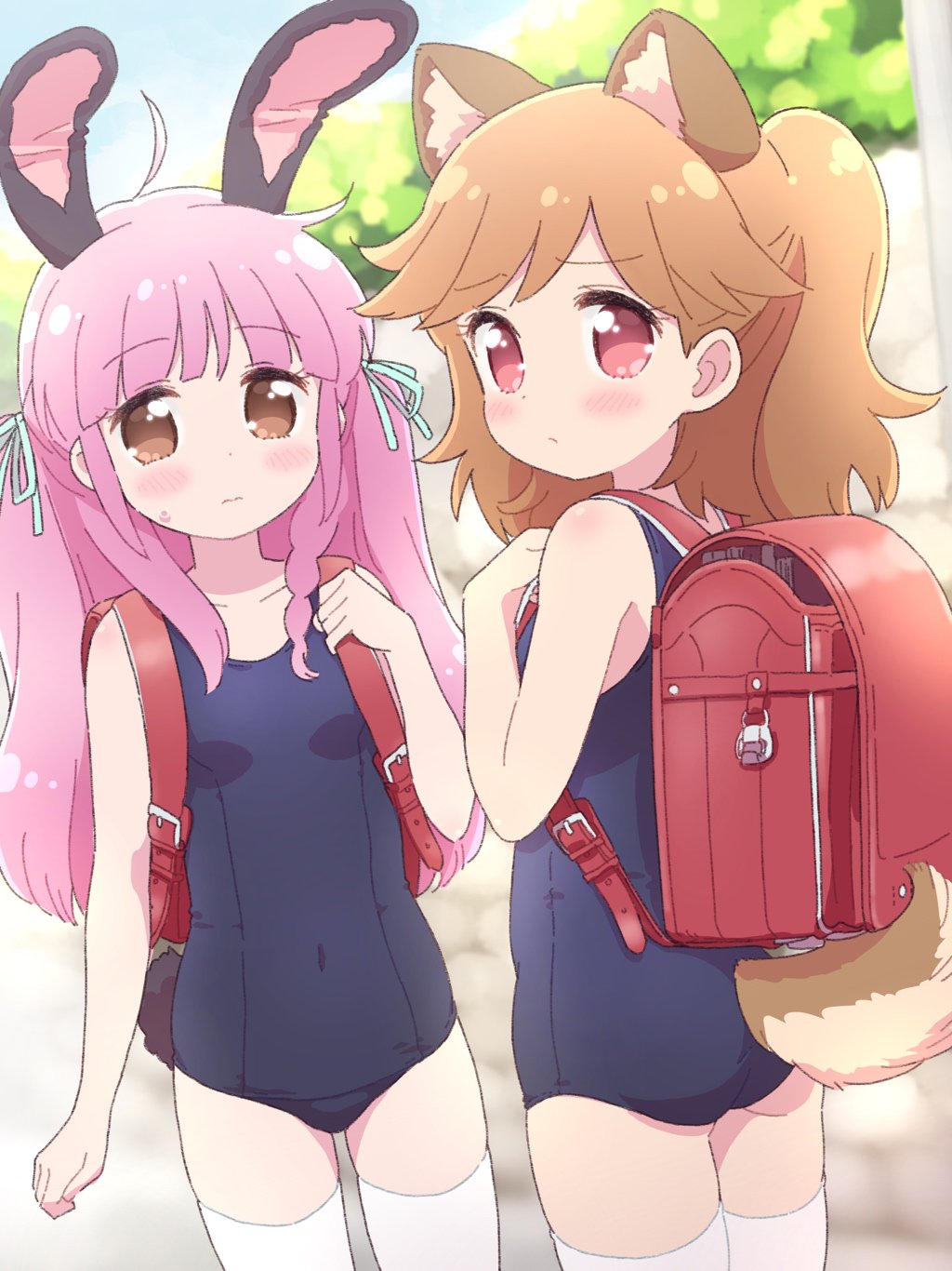 2girls, ahoge, animal_ears, backpack, bad_id, bad_twitter_id, bag, blue_one-piece_swimsuit, blush, brown_eyes, dog_ears, dog_girl, dog_tail, embarrassed, hair_ribbon, hanamura_karen, highres, ikzw, long_hair, looking_back, medium_hair, multiple_girls, old_school_swimsuit, one-piece_swimsuit, outdoors, pink_hair, rabbit_ears, rabbit_girl, rabbit_tail, randoseru, red_eyes, ribbon, rilu_rilu_fairilu, sakuraba_kano, school_bag, school_swimsuit, sweatdrop, swimsuit, tail, thighhighs, wavy_mouth, white_legwear