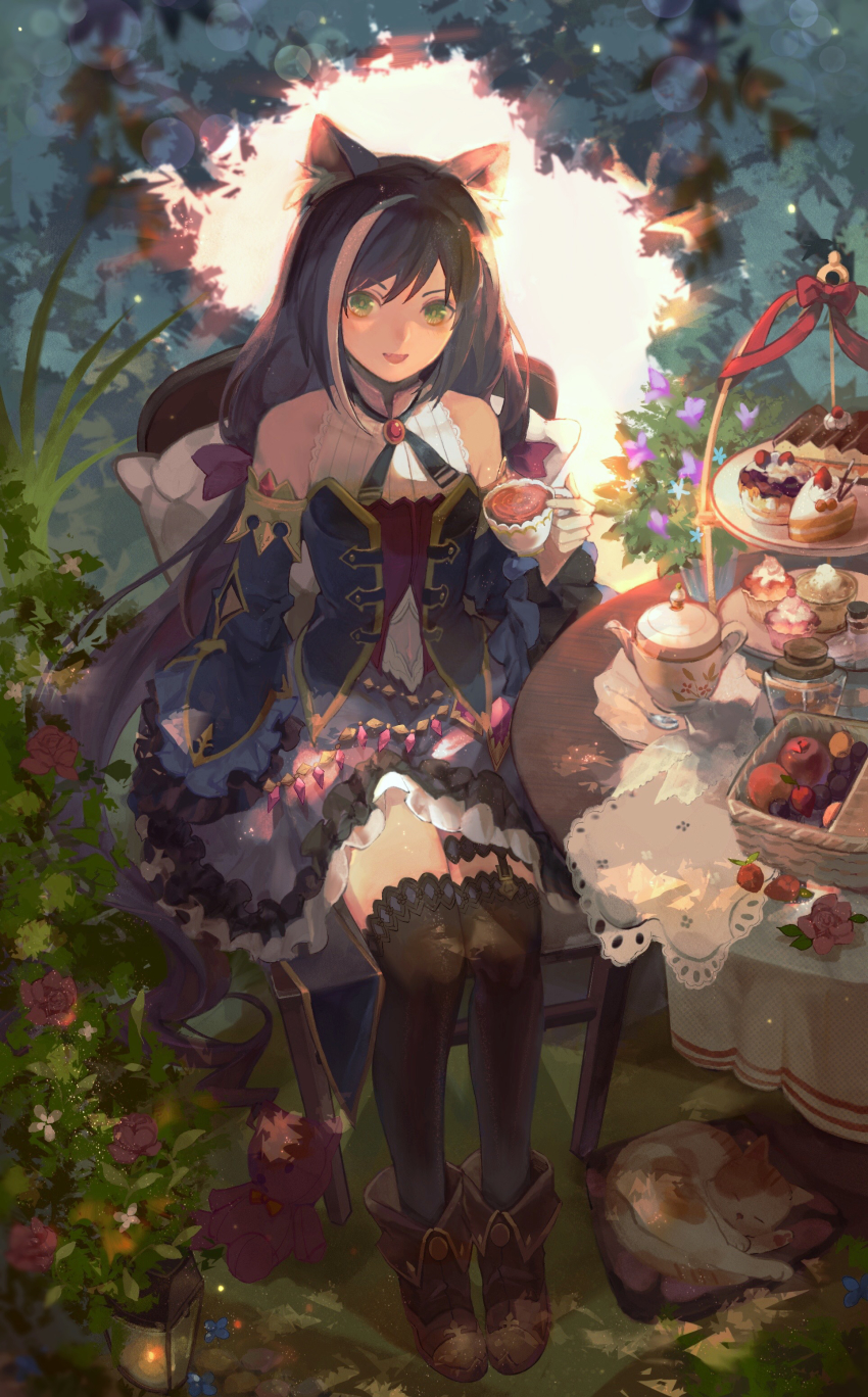 1girl, :d, absurdres, animal_ear_fluff, animal_ears, backlighting, black_hair, black_ribbon