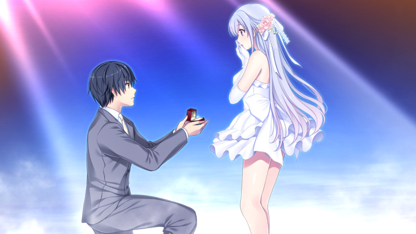 1boy, 1girl, akino_subaru, back_bow, black_hair, bow, brown_eyes, closed_mouth