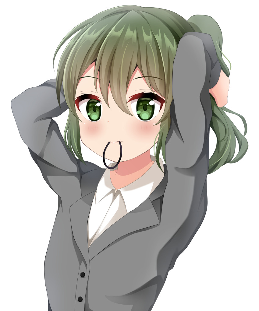 1girl, absurdres, arms_behind_head, arms_up, blush, closed_mouth, collared_shirt, commentary_request