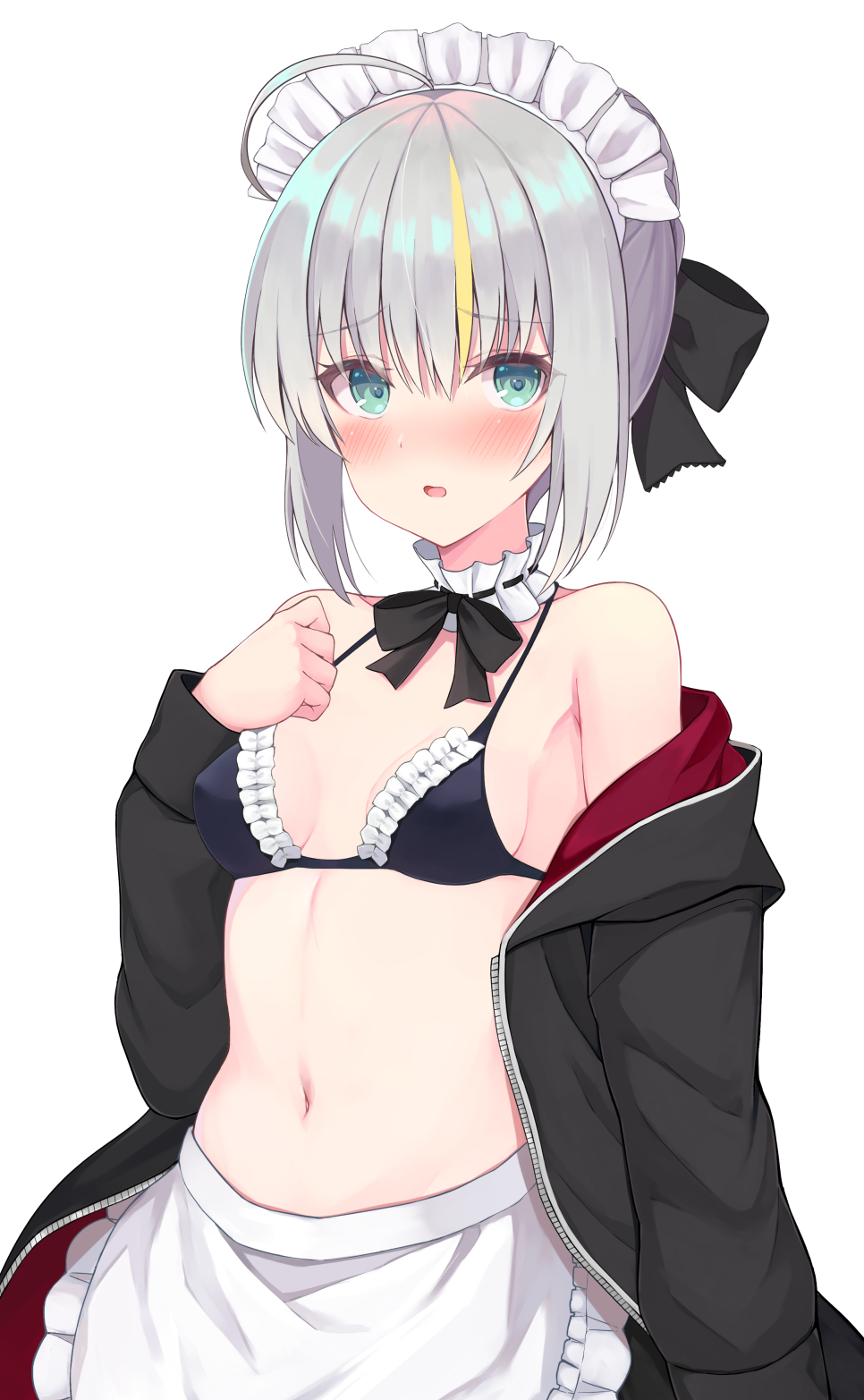 1girl, ahoge, apron, aqua_eyes, artoria_pendragon_(fate), bikini, bikini_top_only, black_bikini