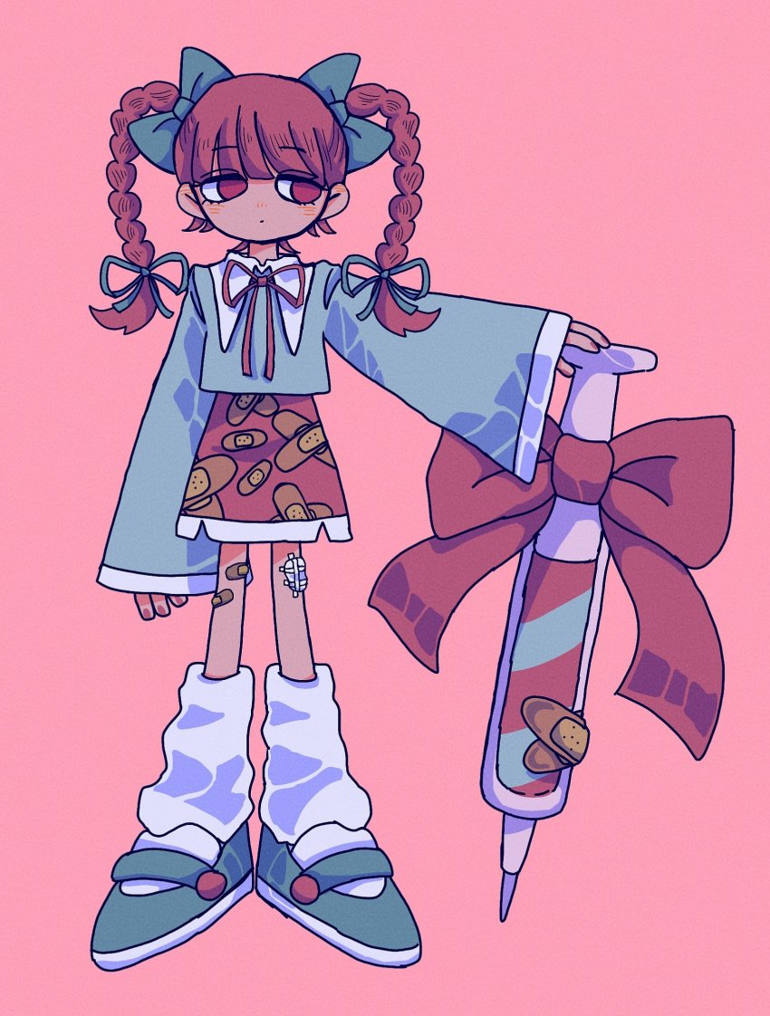 1girl, aqua_bow, aqua_shirt, aqua_shoes, bandaid_print, blush, bow, braid