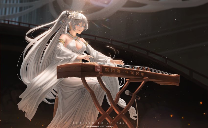 1girl, armlet, artist_name, bare_shoulders, beads, blue_eyes, blurry, blurry_background