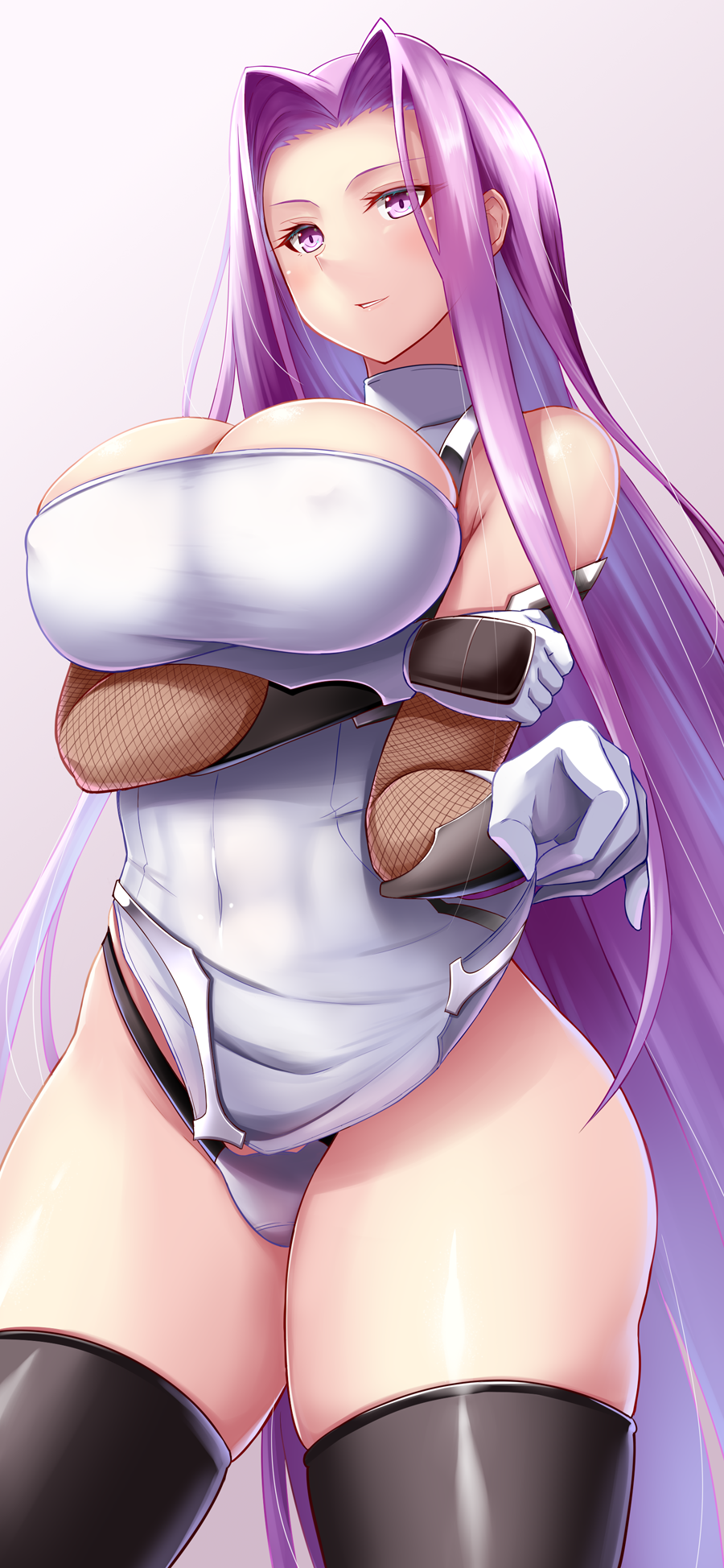1girl, arm_under_breasts, black_thighhighs, breasts, cosplay, covered_erect_nipples, covered_navel, fate/stay_night