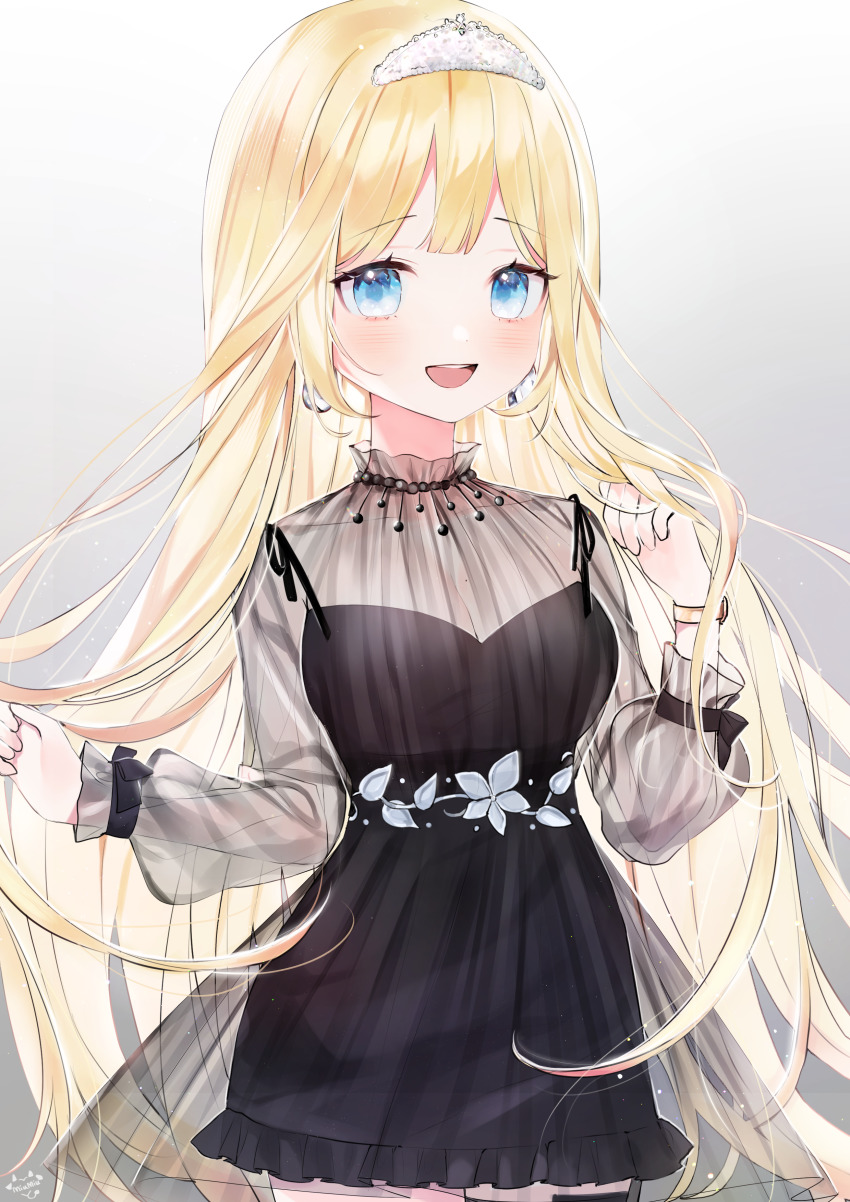 1girl, :d, absurdres, alternate_hair_length, alternate_hairstyle, black_dress, blonde_hair, blue_eyes