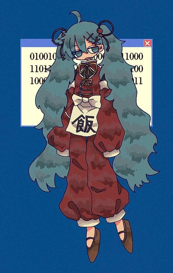 1girl, apron, aqua_eyes, aqua_hair, black_shoes, blue_background, chinese_clothes, hair_between_eyes