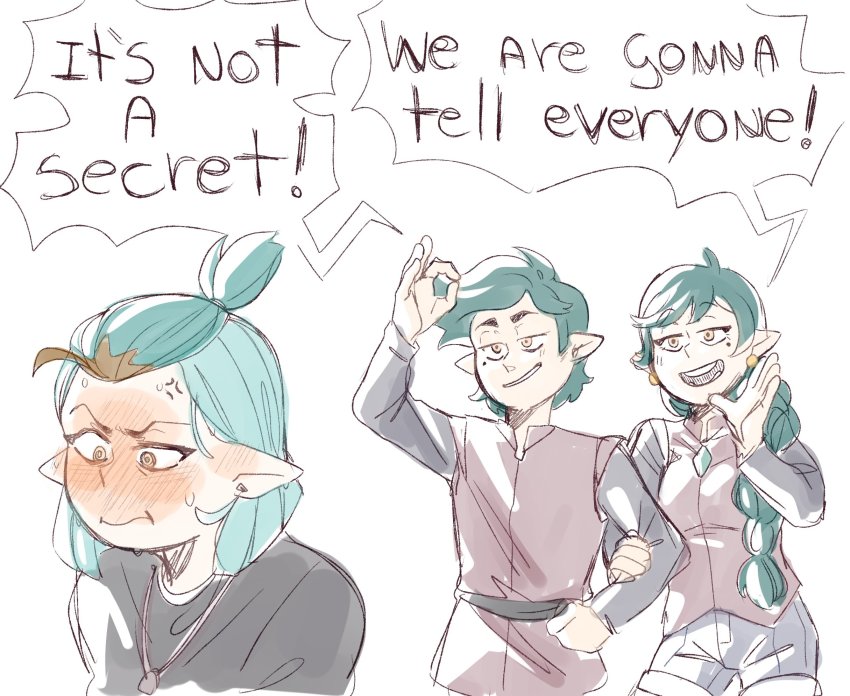 amity_blight, anger_vein, angry, black_shirt, blush, braid, brother_and_sister, can't_choose_your_own_family, earrings, edric_blight, embarrassed, emira_blight, english_text, green_hair, gygerbeen_rtl06, highres, jewelry, long_hair, mole, mole_under_eye, pointy_ears, ponytail, red_vest, ruining_the_glorious_moment, shirt, short_hair, short_ponytail, siblings, sisters, speech_bubble, sweatdrop, the_owl_house, vest, white_background, yellow_eyes