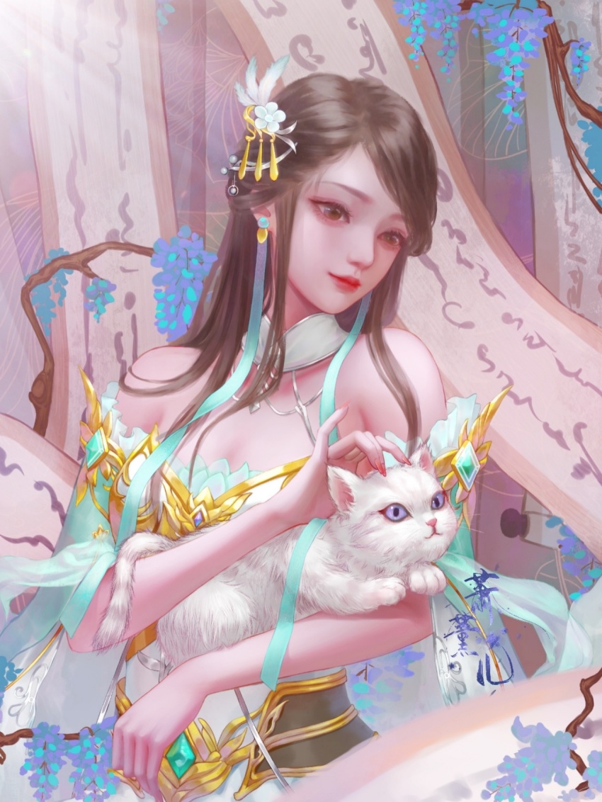 1girl, animal, cat, doupo_cangqiong, dress, gun_xun_er_(battle_through_the_heavens), hair_ornament, highres