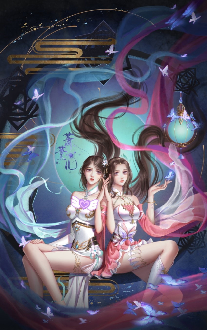 2girls, bare_legs, bug, butterfly, china_dress, chinese_clothes, doupo_cangqiong, dress