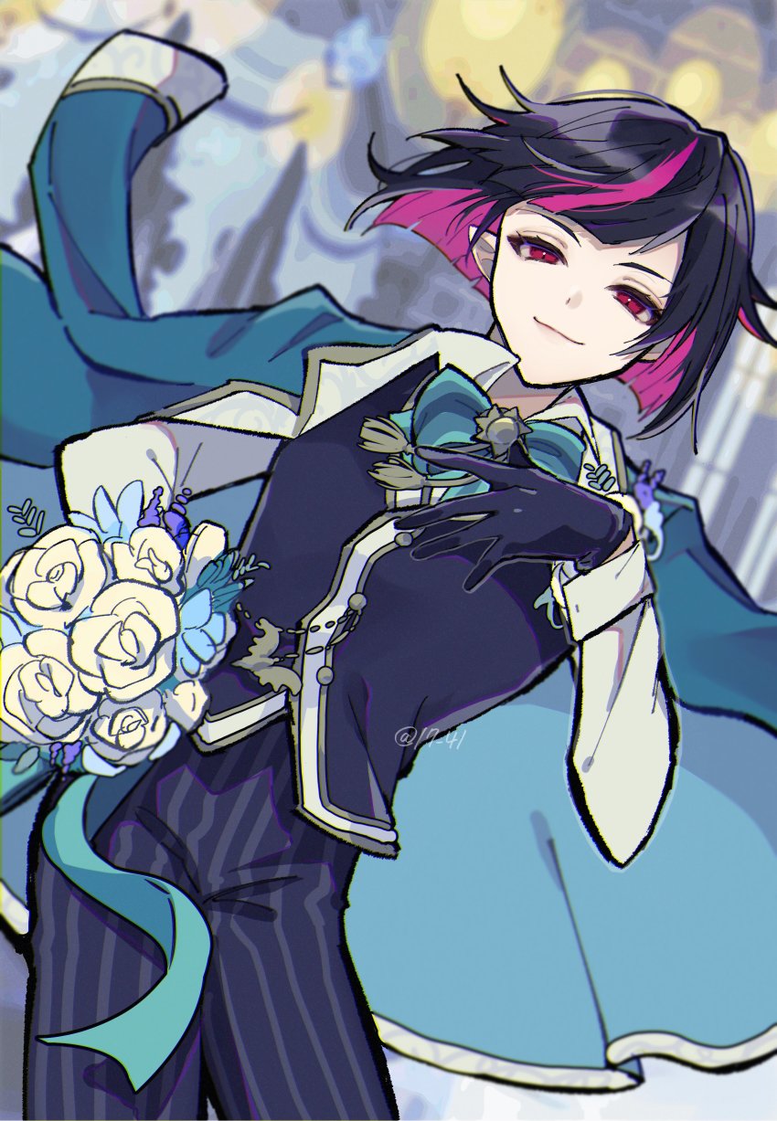 1boy, absurdres, artist_name, bad_id, bad_twitter_id, bat_ornament, black_gloves, black_hair, blue_bow, bouquet, bow, bowtie, chromatic_aberration, closed_mouth, coat, coat_on_shoulders, curtains, flower, formal_clothes, gloves, hand_on_own_chest, highres, holding, holding_bouquet, indoors, lilia_vanrouge, lilia_vanrouge_(suitor_suit), long_sleeves, male_focus, multicolored_hair, nu_417, pants, pink_hair, pointy_ears, red_eyes, short_hair, slit_pupils, smile, solo, streaked_hair, striped_bow, striped_clothes, striped_pants, twisted_wonderland, twitter_username, two-tone_hair, vest, window