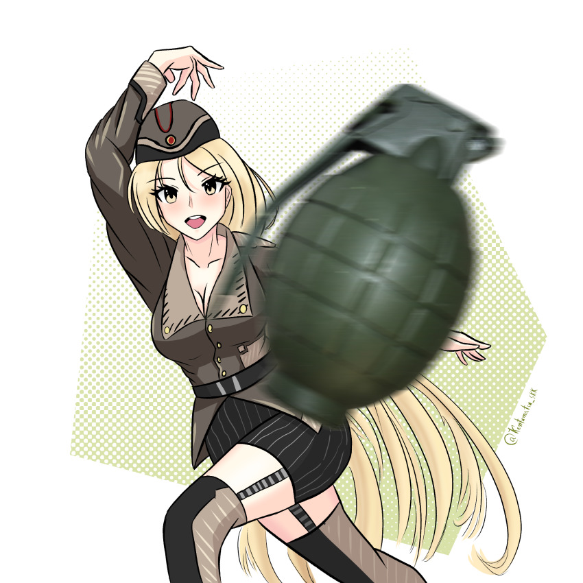 1girl, anime_girl_throwing_things_(meme), belt, black_skirt, blonde_hair, blush, breasts, brown_hat
