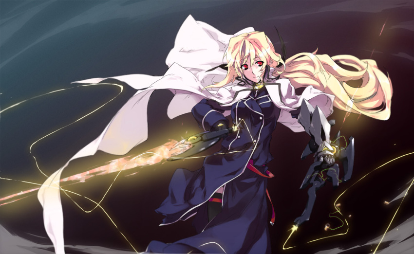 00s, aeutoaki, bardiche_(nanoha), bardiche_(riot_blade_ii)_(nanoha), blonde_hair, cape, fate_testarossa, fate_testarossa_(impulse_form)
