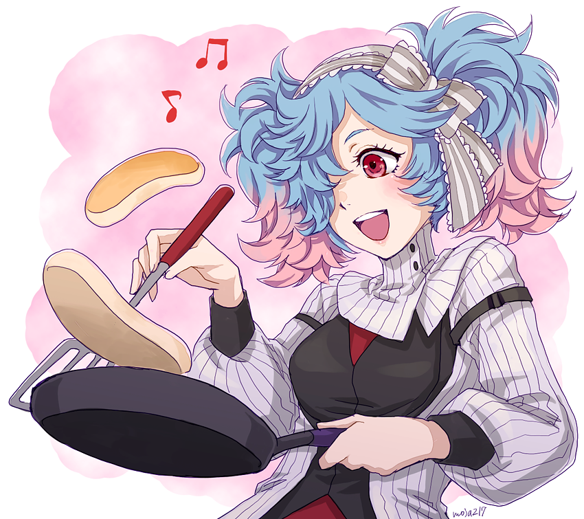 1girl, blue_hair, cooking, fire_emblem, fire_emblem_fates, food, frying_pan, hair_over_one_eye