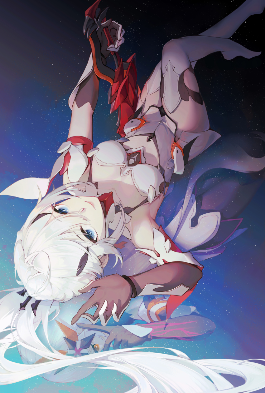 1girl, absurdres, blue_eyes, boots, breasts, cleavage, closed_mouth, different_reflection, gauntlets, hair_ornament, highres, holding, holding_sword, holding_weapon, honkai_(series), honkai_impact_3rd, kiana_kaslana, kiana_kaslana_(herrscher_of_flamescion), kiana_kaslana_(herrscher_of_the_void), long_hair, looking_at_viewer, looking_back, lying, on_back, ponytail, qingshimangxue, reflection, smile, sword, thigh_boots, thighhighs, water, weapon, white_hair, white_thighhighs, yellow_eyes