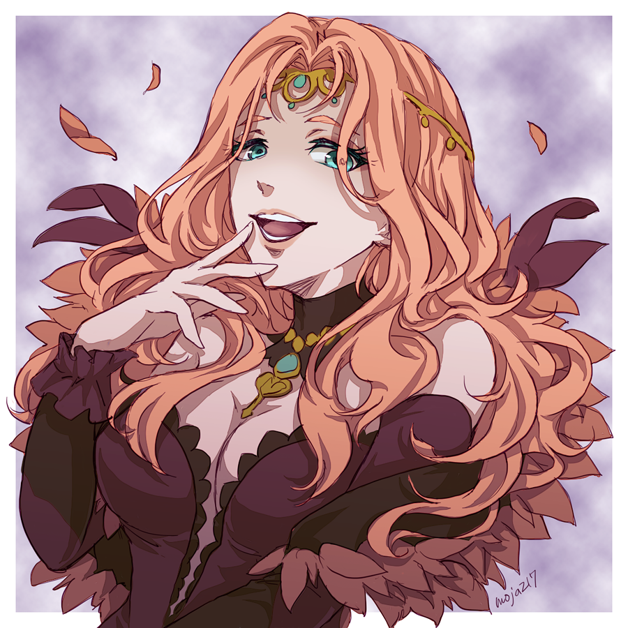 bare_shoulders, blue_eyes, breasts, brooch, circlet, cornelia_arnim, detached_sleeves, feathers, fire_emblem, fire_emblem:_three_houses, jewelry, large_breasts, long_hair, mojakkoro, nintendo, ojou-sama_pose, open_mouth, pink_hair, solo