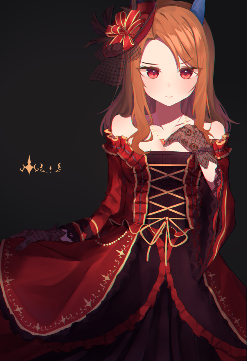 1girl, animal_ears, bare_shoulders, black_background, breasts, brown_hair, chromatic_aberration, cleavage, closed_mouth, collarbone, commentary, dress, ear_covers, gloves, hand_up, hat, highres, holding_own_dress, horse_ears, horse_girl, jewelry, king_halo_(tonight_we_waltz)_(umamusume), king_halo_(umamusume), lace, lace_gloves, layered_dress, long_hair, long_sleeves, looking_at_viewer, off-shoulder_dress, off_shoulder, office, official_alternate_costume, parted_bangs, parted_lips, pendant, red_dress, red_eyes, red_hat, solo, tsuchi_(sh_spica1), umamusume, wide_sleeves