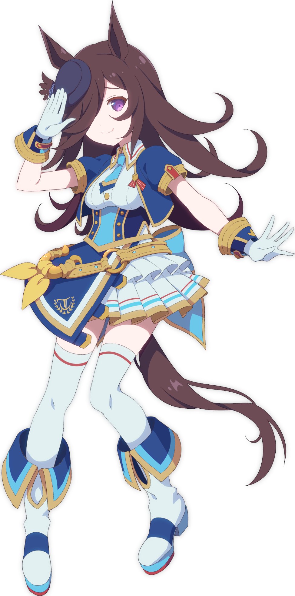 1girl, alternate_costume, animal_ears, blue_hat, blue_necktie, boots, breasts, brown_hair